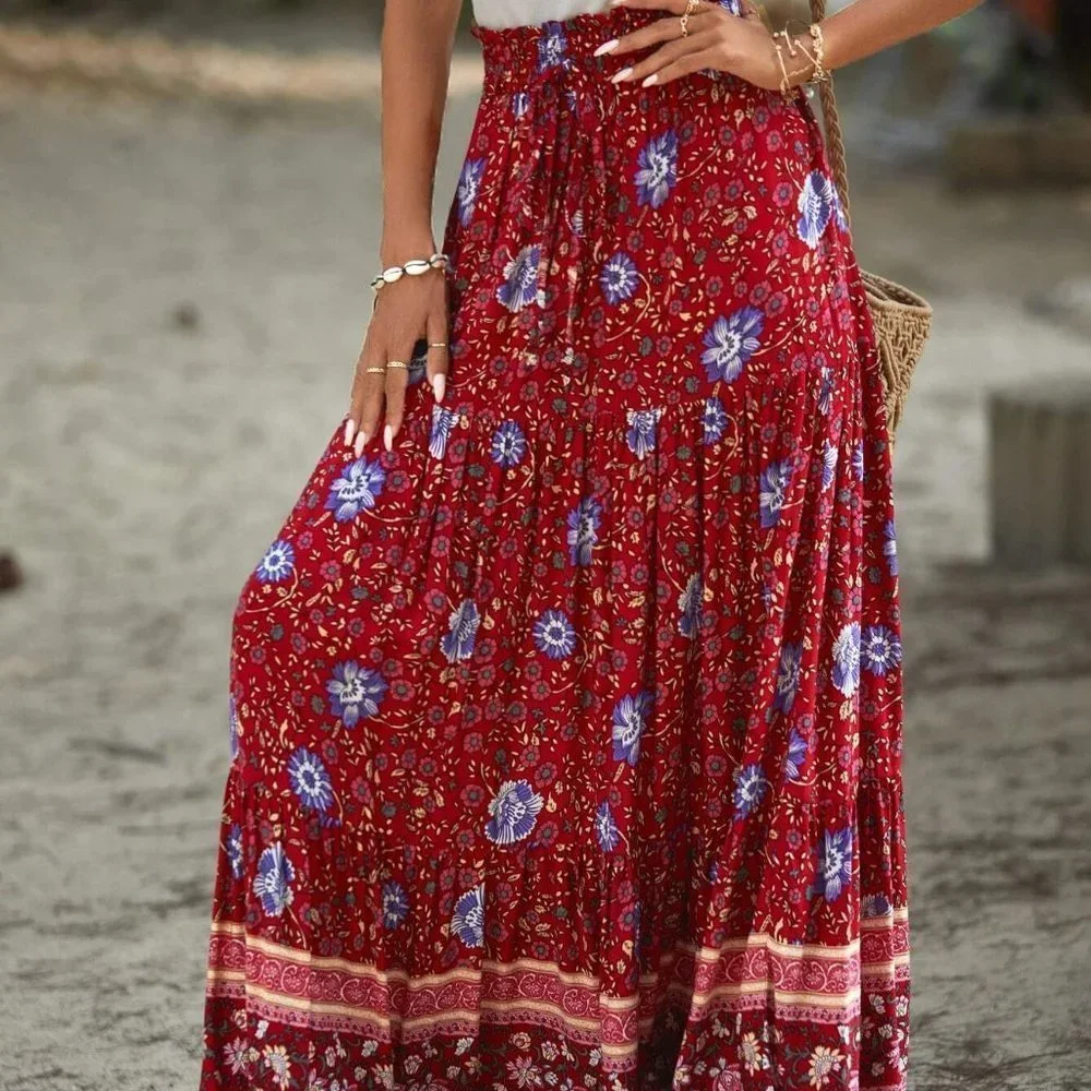 Red boho Womens Floral Print Ruffle Hem Skirt - Picture 5 of 5